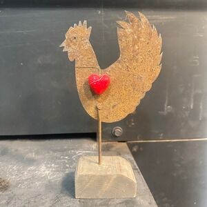Rustic Metal Chicken on Wood Stand With Red Heart  Decor Art Farmhouse Country